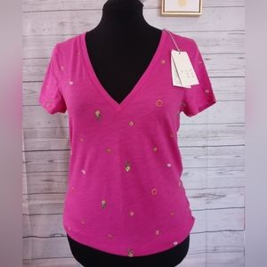 A New Day Target M T Shirt Magenta Pink Mini Fruit Pineapple  Sequin V Neck New